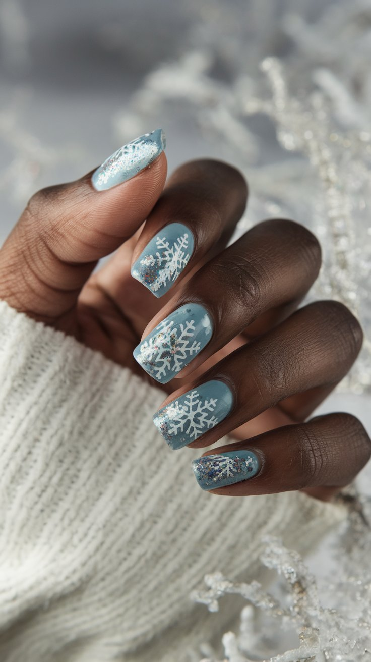 This is a photo of frosty blue winter nail art with intricate snowflake patterns, shimmering glitter accents, and a glossy finish, set against a soft, snowy backdrop.