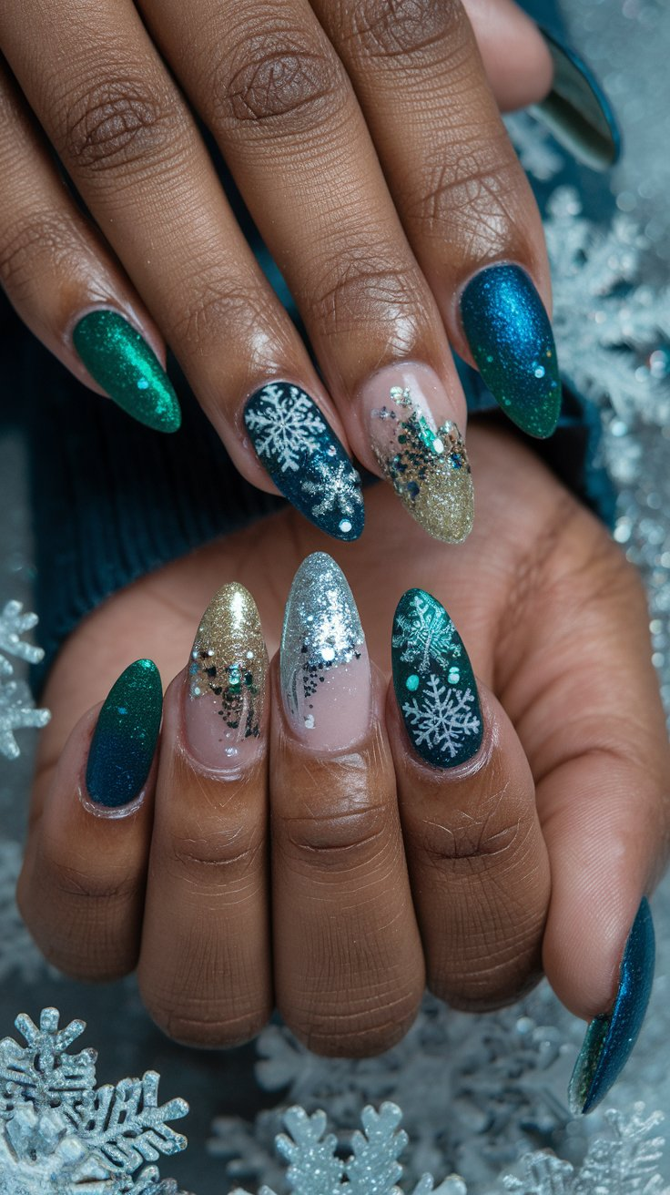 This is a stylish winter nail design featuring a variety of glitter and metallic finishes in deep jewel tones like emerald green and sapphire blue, accented with shimmering silver and gold. The nails, shaped in elegant almond and stiletto styles, are adorned with delicate snowflake patterns and cascading glitter, set against a frosty backdrop that enhances the festive sparkle.