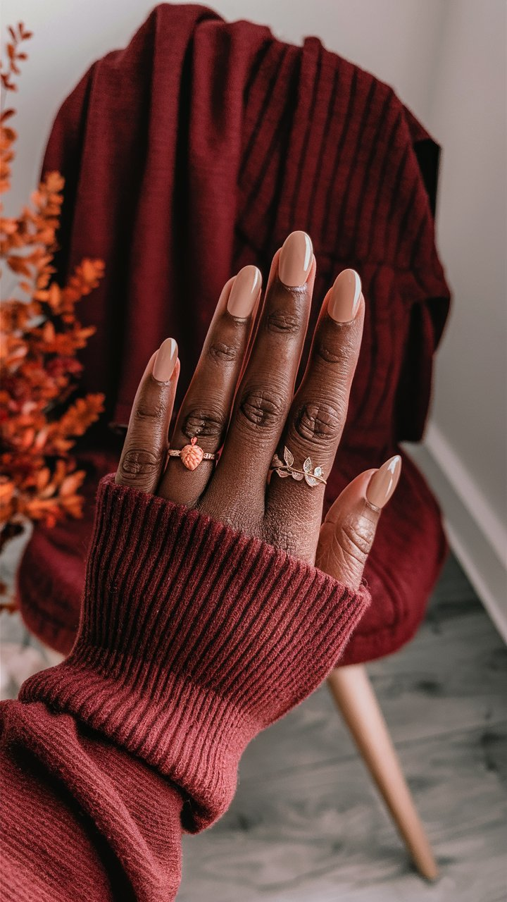 Taupe nails with a soft, elegant finish, ideal for fall versatility.