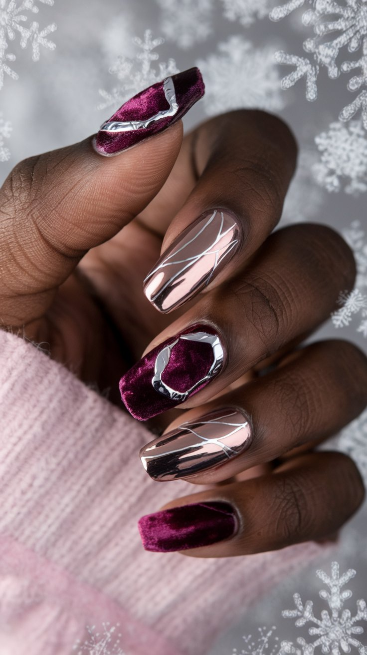 Elegant winter nails with rich velvet textures in deep jewel tones and shiny chrome accents, featuring intricate patterns and a luxurious finish against a soft snowflake background.