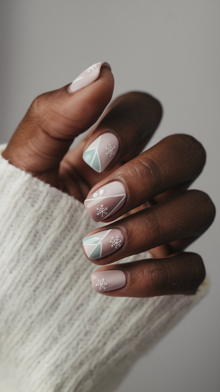 Short winter nails with minimalist art in soft pastels and muted tones, featuring simple geometric patterns and delicate snowflake accents on a clean background.