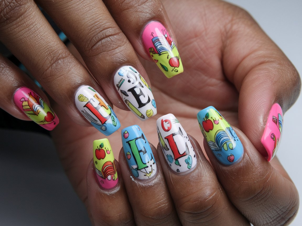 Alphabet-inspired nail designs with colorful letters and playful patterns, featuring school-themed elements like books, pencils, and apples. Showcasing various nail shapes and lengths in vibrant colors with glossy finishes, creating a whimsical and trendy aesthetic.