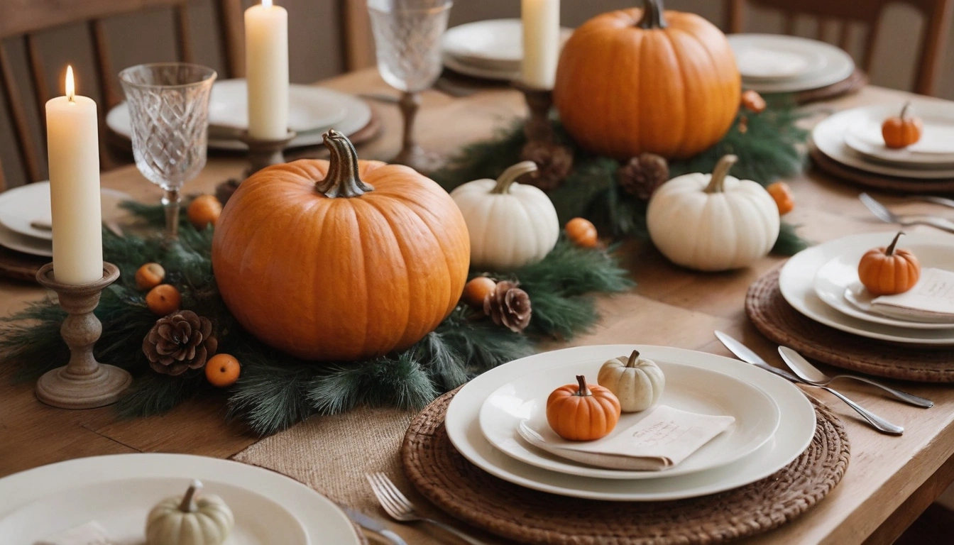 A close-up image of a rustic wooden dining table with elegant pumpkin centerpieces in the middle. The pumpkins are different sizes and shades of orange, ranging from light to dark, with rich green stems