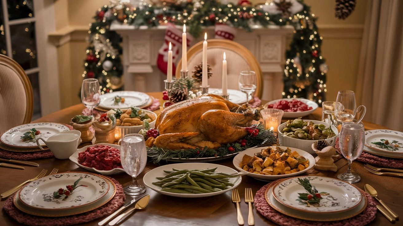 Festive Christmas lunch table with a roasted turkey centerpiece, colorful sides like cranberry sauce and green beans, a candlelit pinecone centerpiece, holiday tableware, and warm decor with twinkling lights.