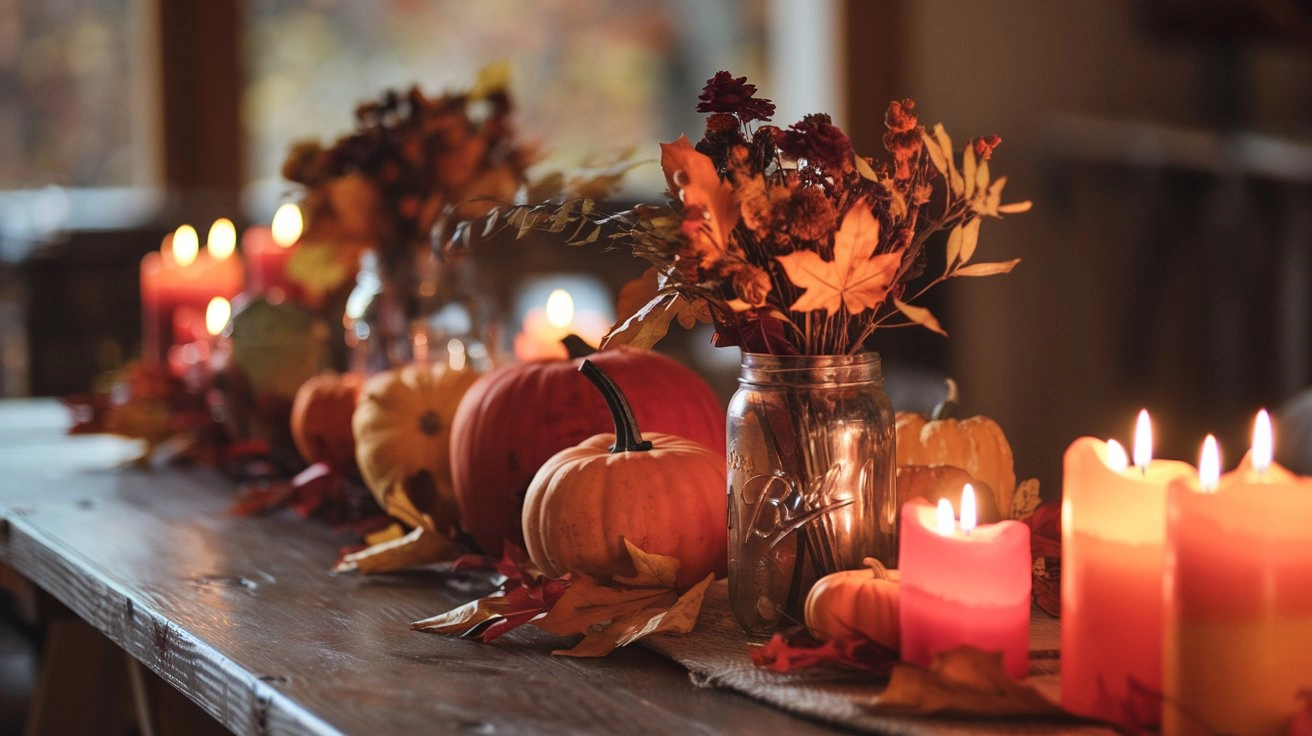 A rustic wooden table with DIY fall centerpieces: orange and red pumpkins, golden leaves, mason jars of dried flowers, and flickering candles.