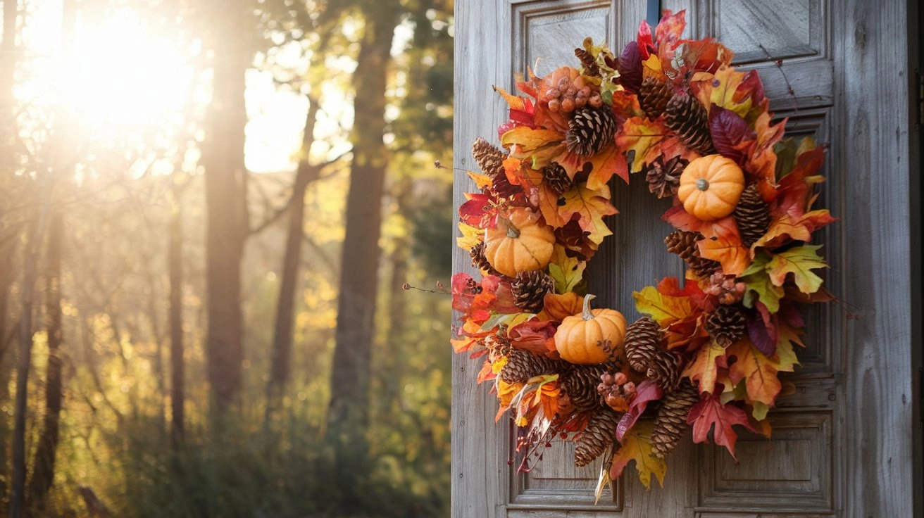 Beautiful autumn wreath with vibrant leaves, pinecones, and small pumpkins, hanging on a rustic wooden door, illuminated by warm golden sunlight filtering through trees, creating a cozy seasonal atmosphere.