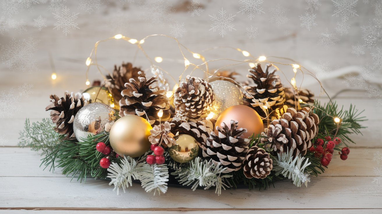 This beautifully arranged holiday centerpiece features a mix of pinecones, gold and silver ornaments, and twinkling fairy lights. It is set on a rustic wooden table with a backdrop of soft white snowflakes.