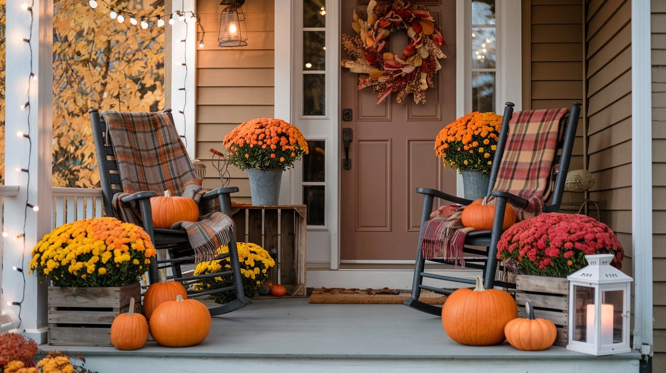 Charming small front porch in autumn, featuring vibrant pumpkins, cozy plaid blankets on rocking chairs, rustic wooden crates with colorful fall flowers, delicate string lights illuminating the area, an earthy-toned wreath on the door, lanterns casting a warm glow, and a backdrop of golden leaves.