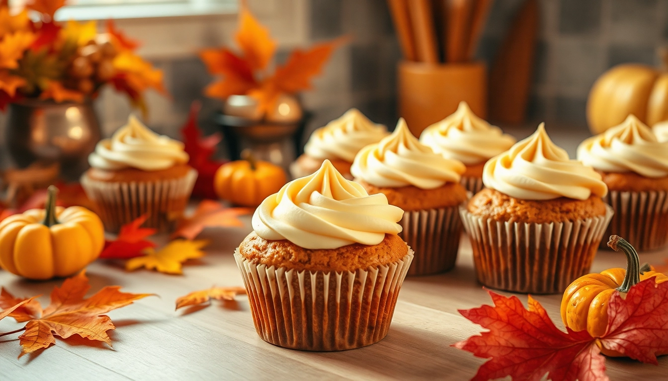 Pumpkin spice muffins with cream cheese frosting, surrounded by autumn leaves and small pumpkins, warmly lit to highlight the muffins' texture and vibrant fall colors.