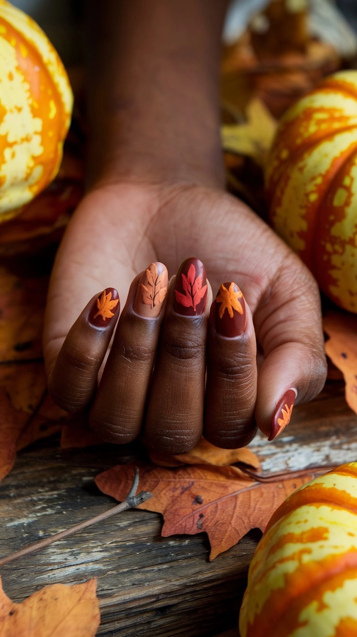 Elegant display of autumn nails in rich burnt sienna shades, surrounded by fallen leaves and warm-toned pumpkins on a rustic wooden surface, with soft natural lighting.