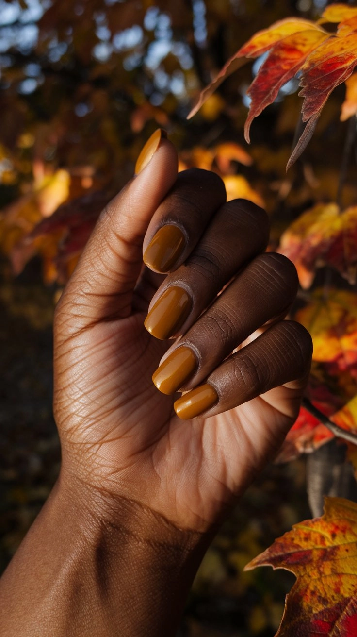 A close-up of a hand with perfectly manicured nails painted in a rich mustard yellow polish.