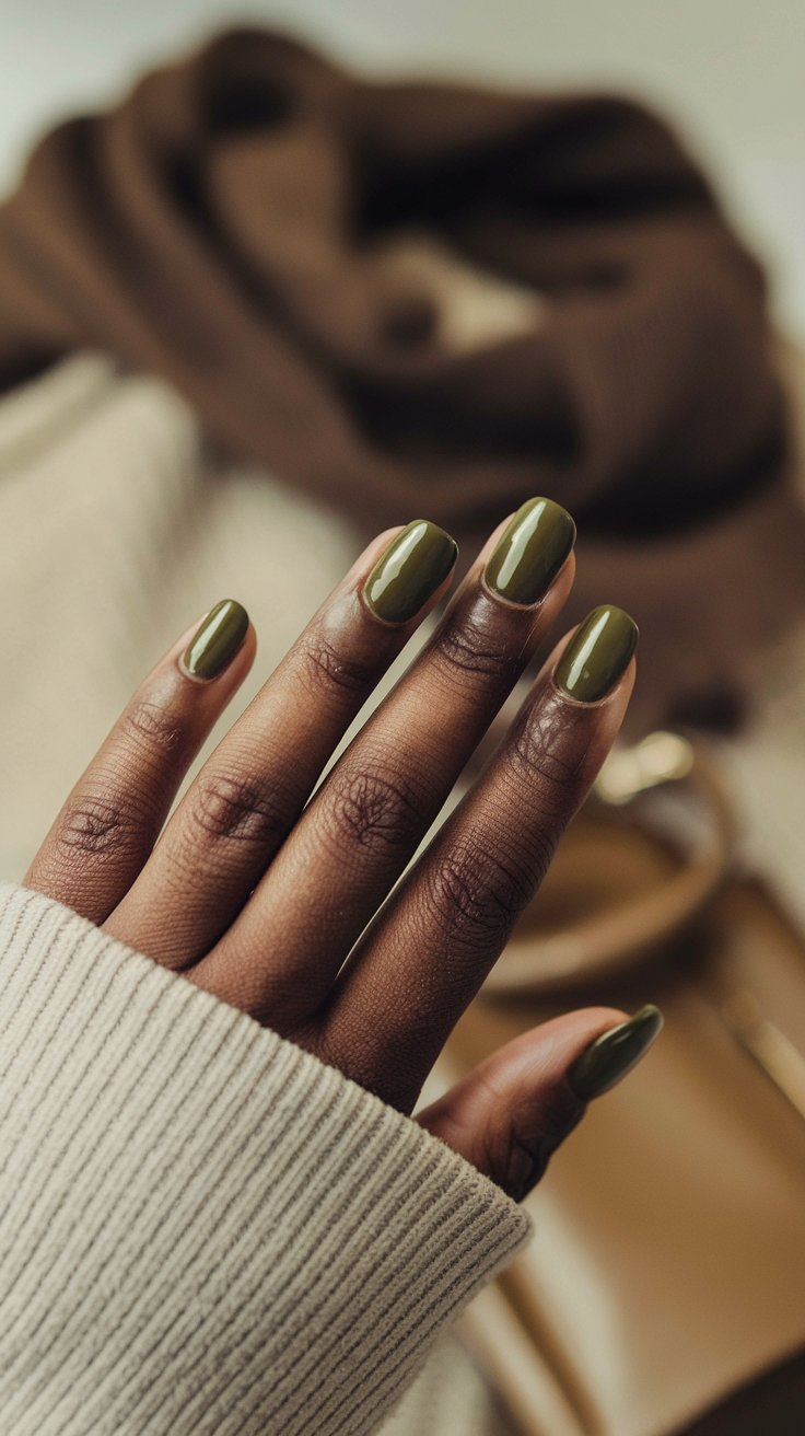 Muted olive green nails showcased on a rustic wooden table, surrounded by vibrant autumn leaves and acorns, with soft natural lighting enhancing the subtle sheen of the polish.