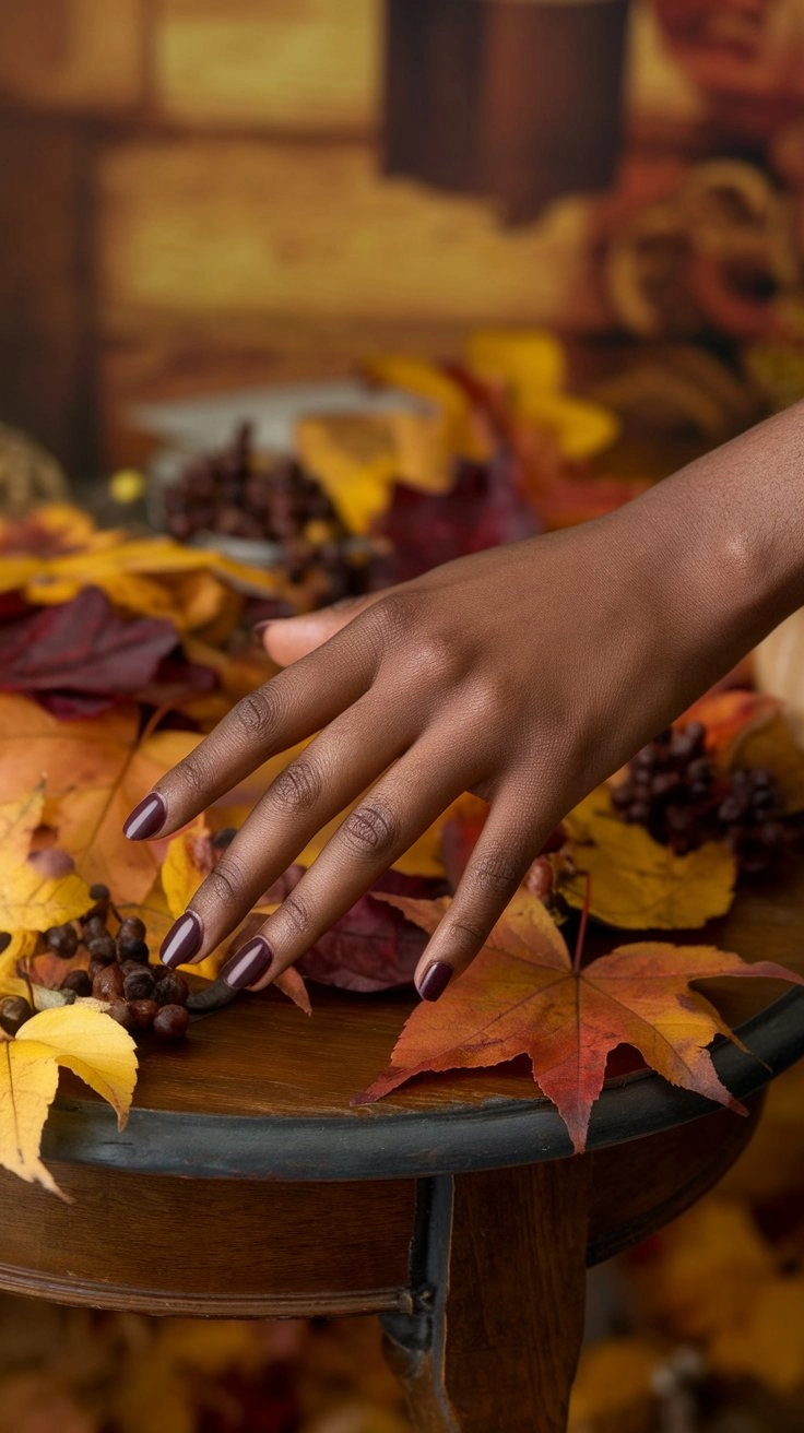 Rich plum nail polish bottles elegantly arranged on a wooden table, surrounded by vibrant autumn leaves, with soft natural lighting highlighting their glossy textures