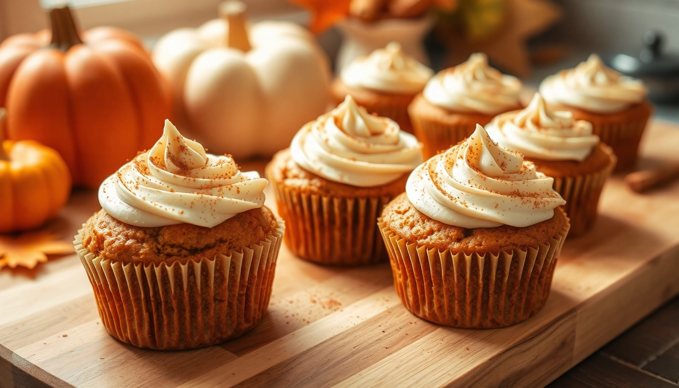 Pumpkin muffins with cream cheese frosting and cinnamon on a wooden cutting board, surrounded by autumn decor with pumpkins and leaves, softly lit to highlight their moist texture.