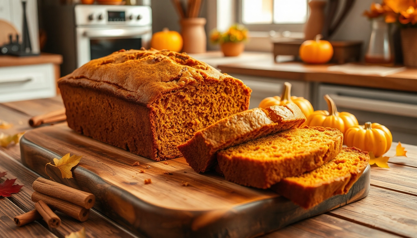 Cozy kitchen with freshly baked pumpkin bread on a rustic wooden table, surrounded by small pumpkins, autumn leaves, and warm spices like cinnamon and nutmeg. Sliced golden-brown loaf reveals its moist texture, with a softly glowing oven and warm light filtering through a window in the background
