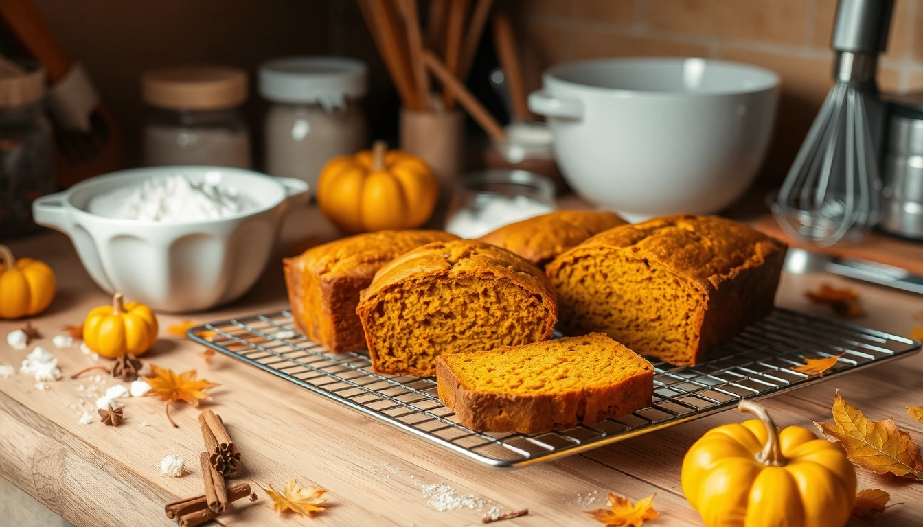  Cozy kitchen with freshly baked pumpkin bread cooling on a wire rack, surrounded by mini pumpkins, cinnamon sticks, and fall leaves. Warm lighting highlights the golden-brown loaf with a slice cut to reveal its moist texture. In the background, a mixing bowl with pumpkin puree, scattered ingredients, and baking tools like measuring cups and a whisk rest on a rustic wooden countertop.
