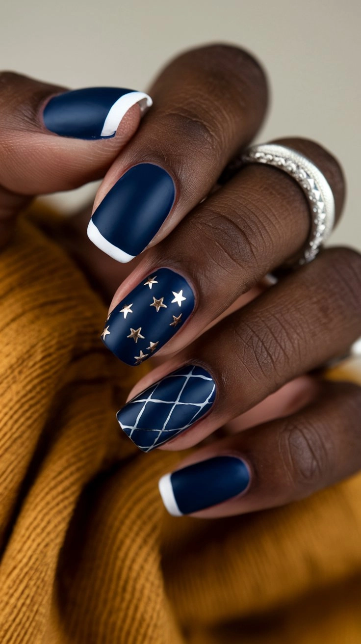 Navy blue nails with designs including solid navy, gold stars, silver geometric patterns, and an ombre effect. The thumb has navy French tips, with silver rings and a mustard scarf adding to the autumn look.