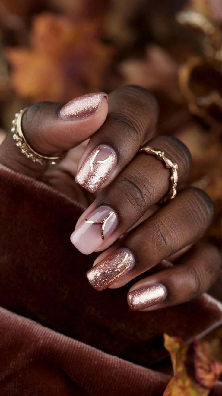 Rose gold nails featuring glitter dip powder, rose gold foil on blush pink, ombre, and a negative space cuticle. Gold jewelry and velvet fabric enhance the luxurious feel, perfect for fall events.