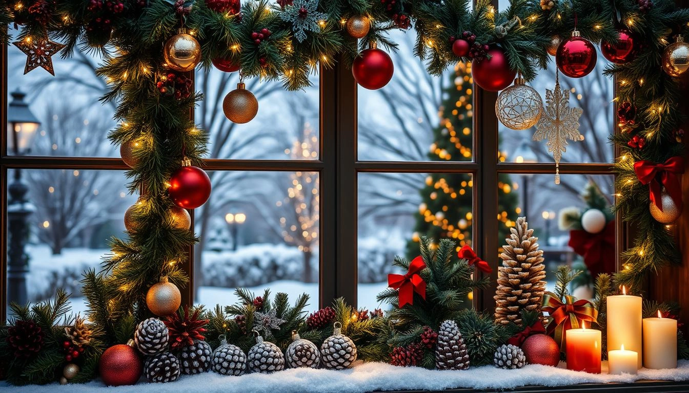 A beautifully decorated window display for Christmas.