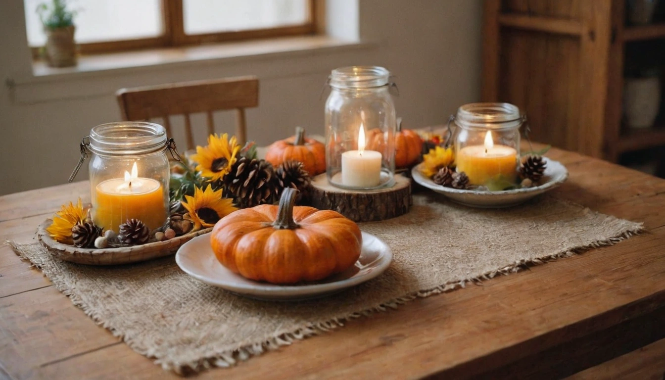 Cozy fall tablescape with a rustic wooden table, colorful leaves, pumpkins, mason jar candle holders, a burlap runner, acorns, and a sunflower centerpiece.