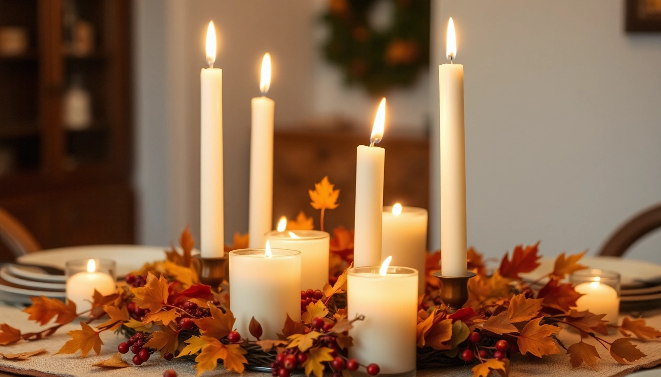 Cluster of candles as a Thanksgiving table centerpiece surrounded by autumn leaves, creating a warm and inviting glow for the holiday meal.