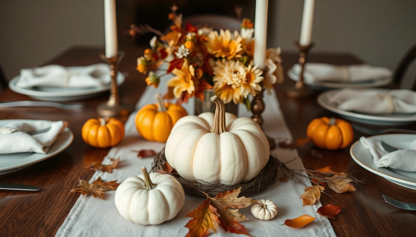 Thanksgiving table with a simple yet elegant centerpiece, featuring small pumpkins, candles, and fall flowers, creating a festive and effortless look.