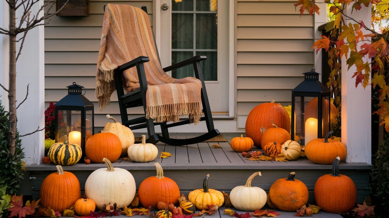 Charming front porch decorated with colorful pumpkins and gourds of various shapes, surrounded by autumn leaves, a cozy woven blanket draped over a rocking chair, and lanterns casting a warm glow, creating a welcoming fall atmosphere.