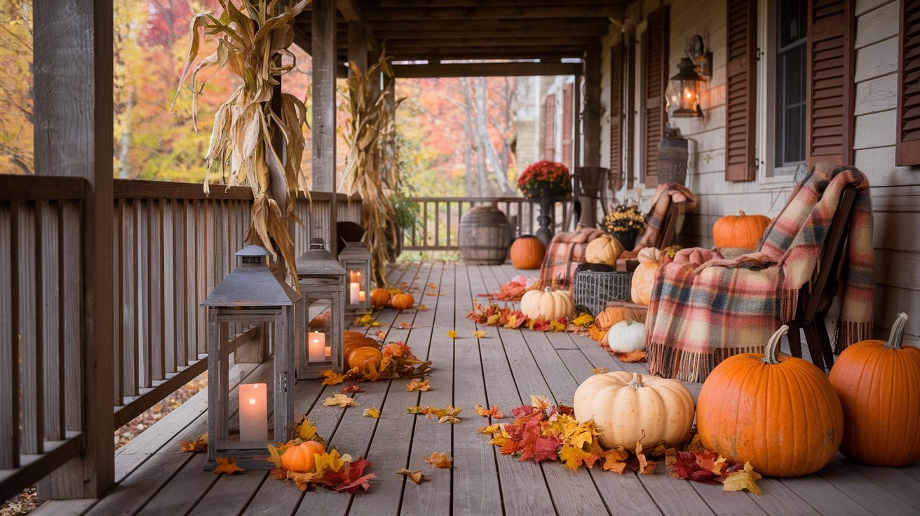 Farmhouse fall porch featuring a warm earthy color palette with rustic wooden elements, cozy pumpkins in various sizes, colorful autumn leaves, soft plaid throw blankets, weathered lanterns with candles, decorative corn stalks and gourds, and natural textures creating an inviting ambiance.