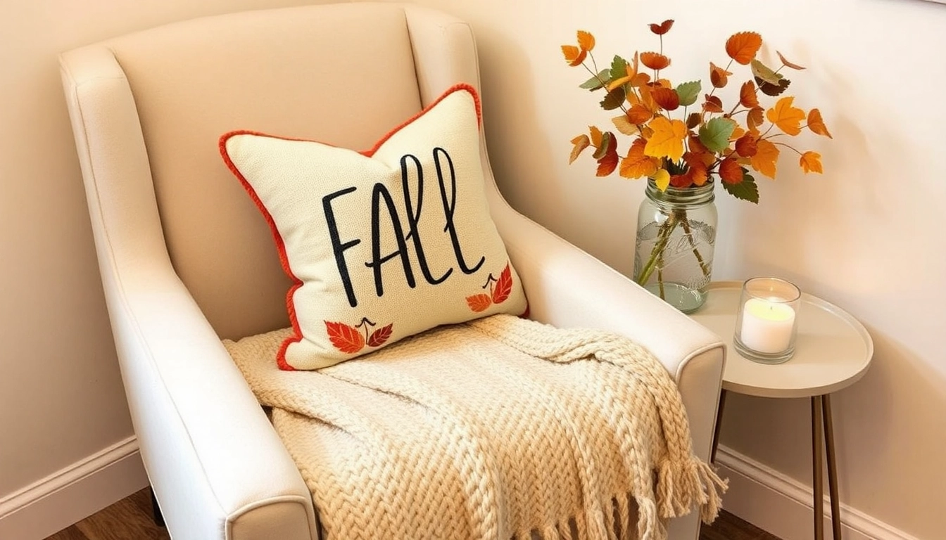 Small reading nook with a comfortable armchair, throw pillows, and a blanket, creating a cozy space decorated with fall-themed items like pumpkins.