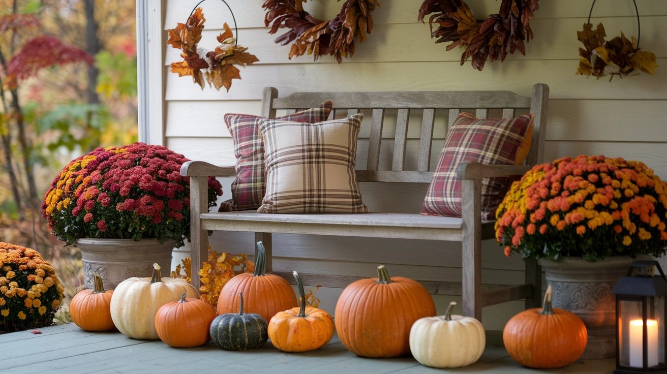 Cozy front porch decorated for autumn, featuring a rustic bench with plaid pillows, colorful pumpkins, dried leaf wreaths, vibrant red and orange mums, and a warm lantern, surrounded by fall foliage.