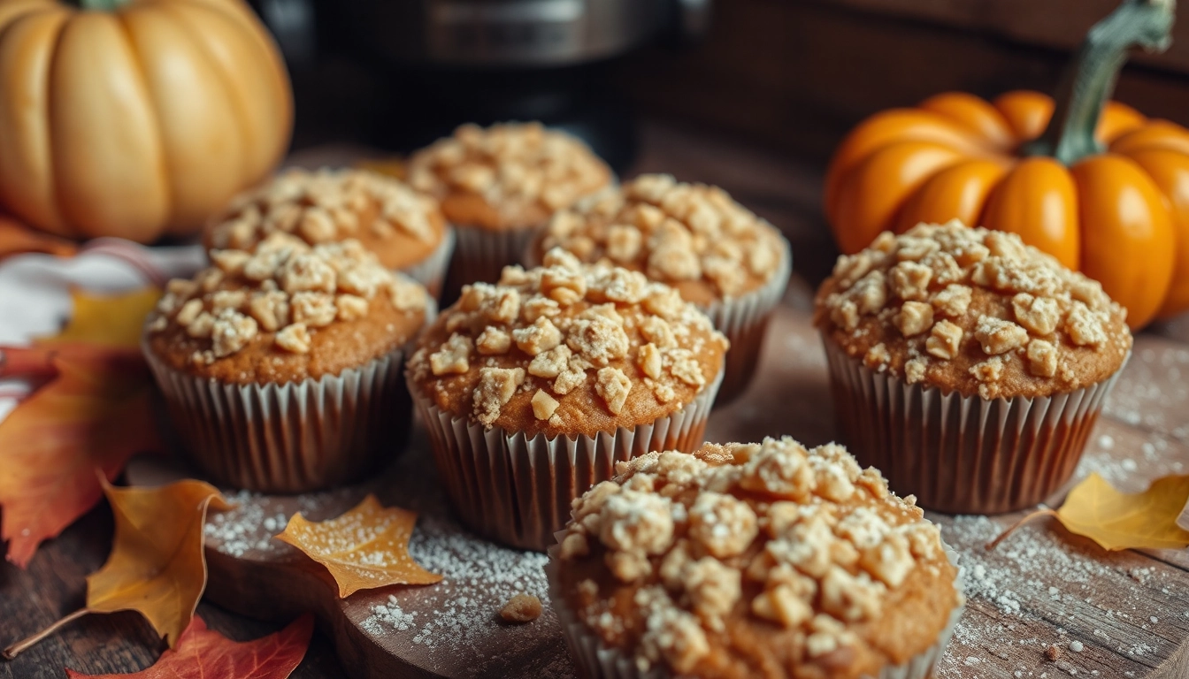 Pumpkin spice muffins with crumb topping, surrounded by autumn leaves, a small pumpkin, and a dusting of cinnamon and powdered sugar in a rustic kitchen.