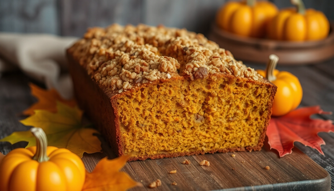 Freshly baked pumpkin bread with a golden-brown streusel topping on a rustic wooden table, surrounded by autumn leaves and small pumpkins. Warm soft lighting highlights the bread's texture, creating an inviting and cozy atmosphere.