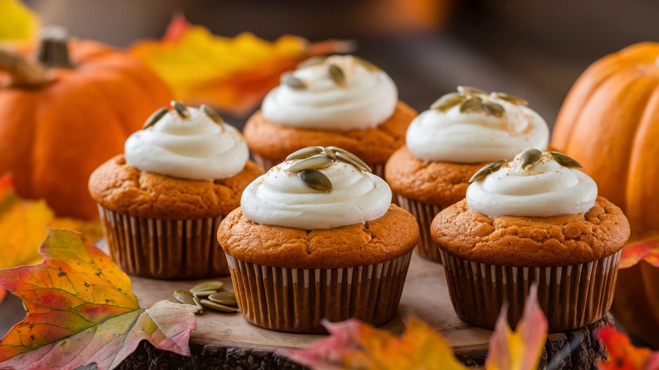 Freshly baked pumpkin muffins with cream cheese frosting, topped with pumpkin seeds, surrounded by autumn leaves and small pumpkins.