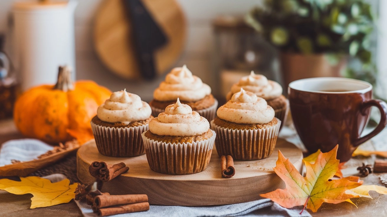 Pumpkin spice muffins with creamy frosting, surrounded by autumn leaves, cinnamon sticks, and a cozy cup of coffee in a warm, naturally lit kitchen.