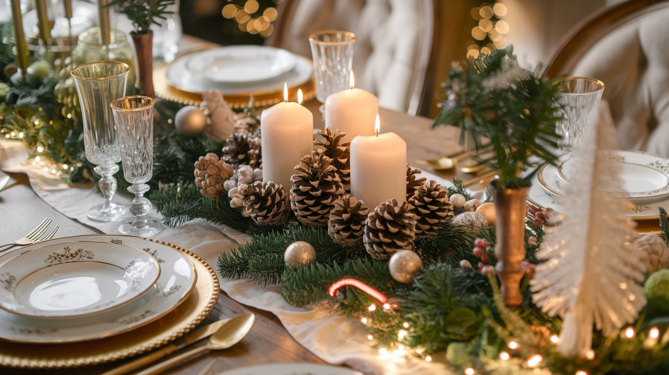 Elegant Christmas dining table setting, featuring budget-friendly decorations