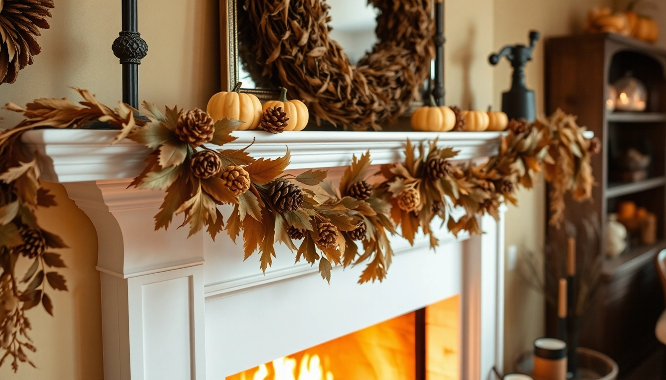 Cozy living room with a fall garland of dried leaves and pinecones draped over the mantel, enhancing the autumnal warmth and festive atmosphere.