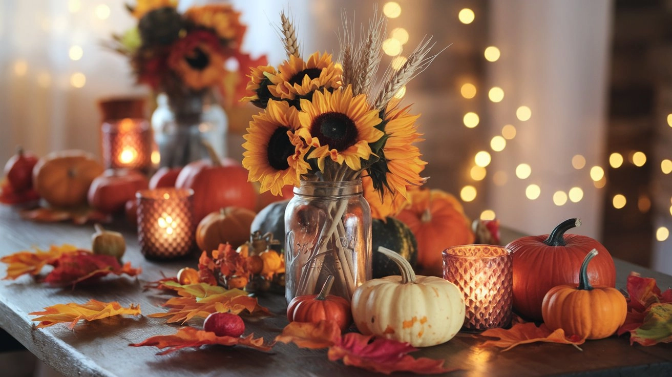 A rustic wooden table with fall decorations: colorful pumpkins, autumn leaves, glowing candles, and a sunflower-wheat centerpiece in a mason jar.