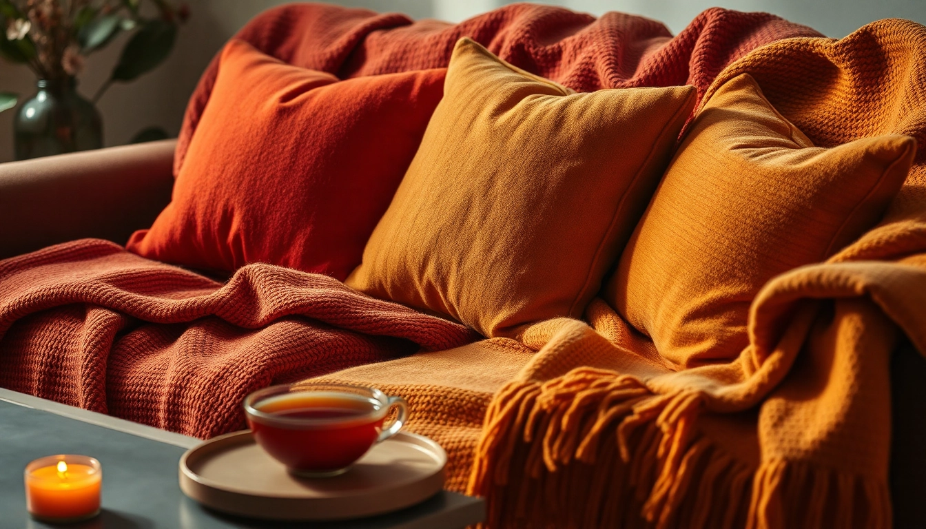 Comfortable couch with throw blankets and pillows in fall colors, adding warmth and texture to the living room for a cozy Thanksgiving atmosphere.