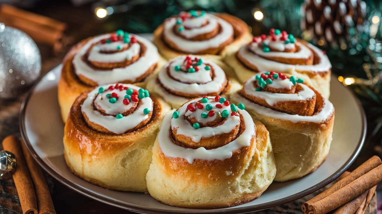 Close-up of freshly baked Christmas cinnamon rolls topped with creamy frosting and festive red and green sprinkles, surrounded by cinnamon sticks and holiday ornaments in warm lighting.