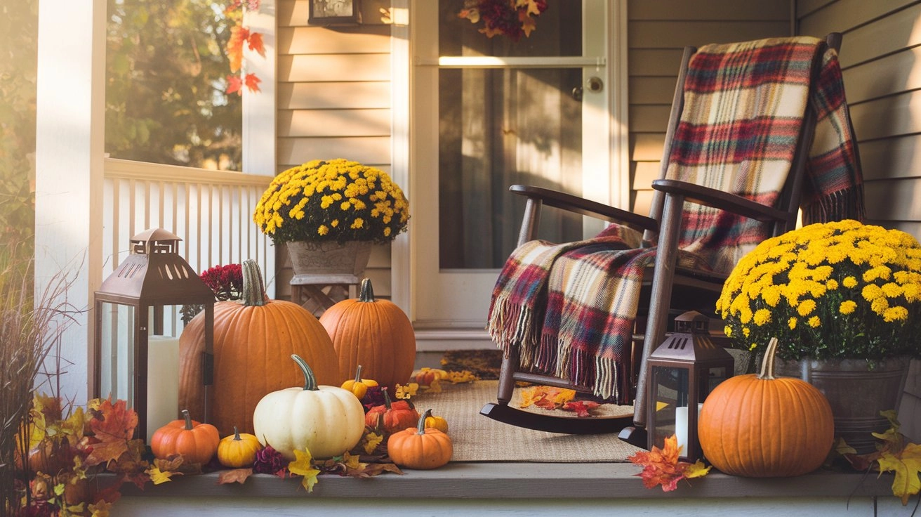 Cozy small front porch decorated for fall, featuring pumpkins of various sizes, colorful autumn leaves, rustic lanterns, and a warm plaid blanket draped over a rocking chair.