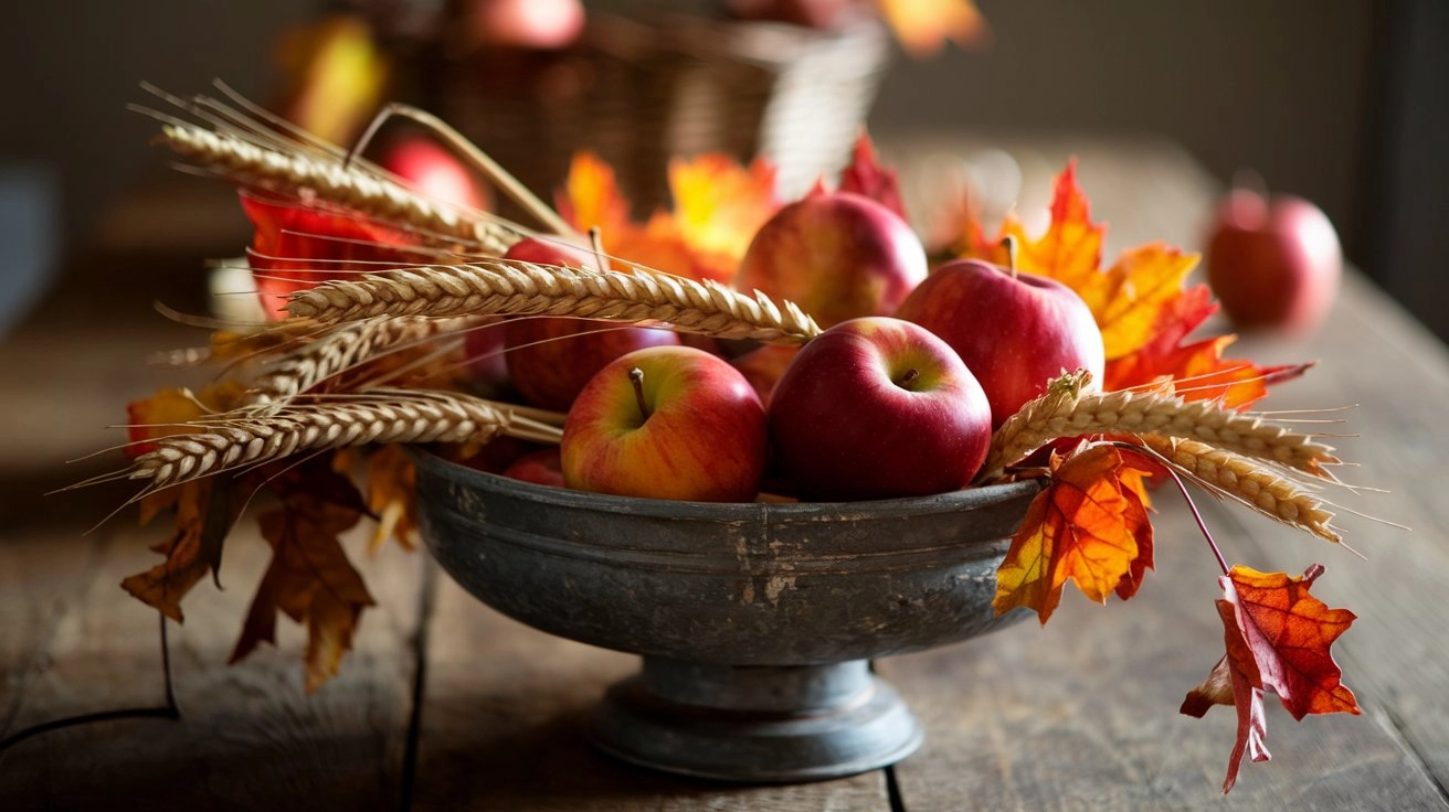 Rustic fall centerpiece on a wooden table with vibrant red apples, golden wheat stalks, and autumn leaves in a vintage metal bowl, softly lit to highlight the textures and colors.