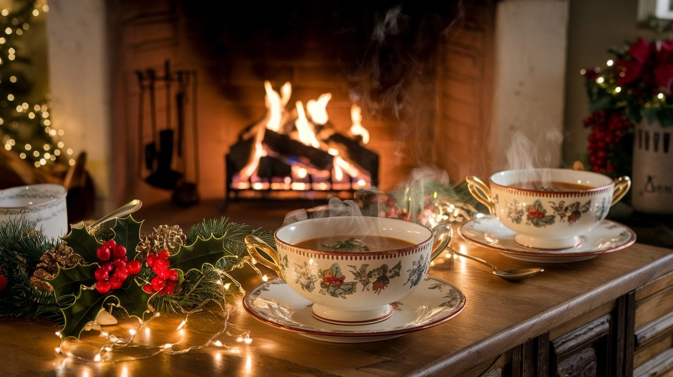 Cozy kitchen with steaming hot soups in elegant bowls, festive holly, fairy lights, and a crackling fireplace, creating a warm Christmas atmosphere.