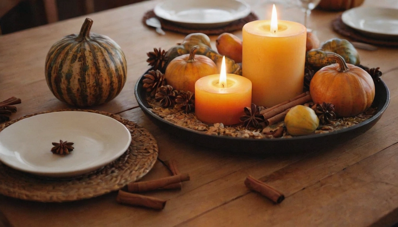 
Rustic table setting with vibrant mini gourds, cinnamon bundles, soft candlelight, and scattered autumn leaves on a warm wooden table for a cozy fall feel.