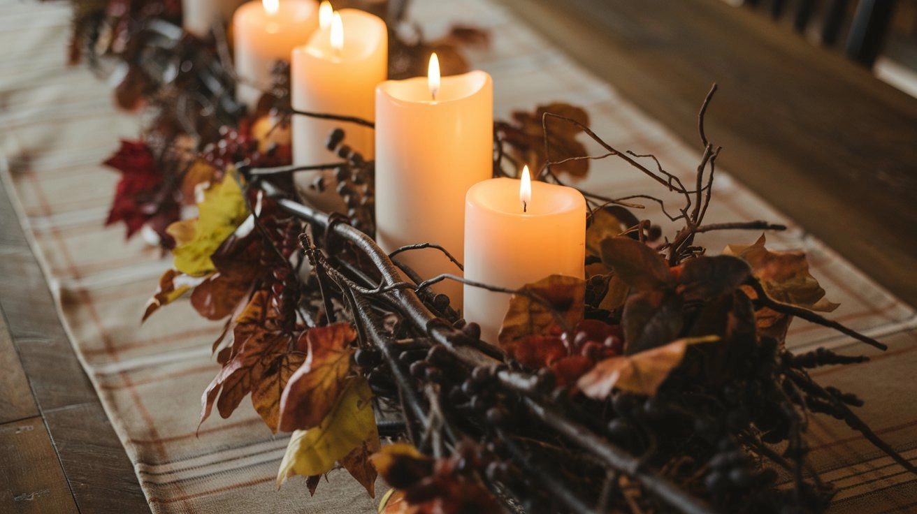 Rustic fall table centerpiece with candles of varying heights nestled among dark twigs and autumn leaves, set on a wooden table with a plaid runner, illuminated by warm, soft lighting for a cozy ambiance.