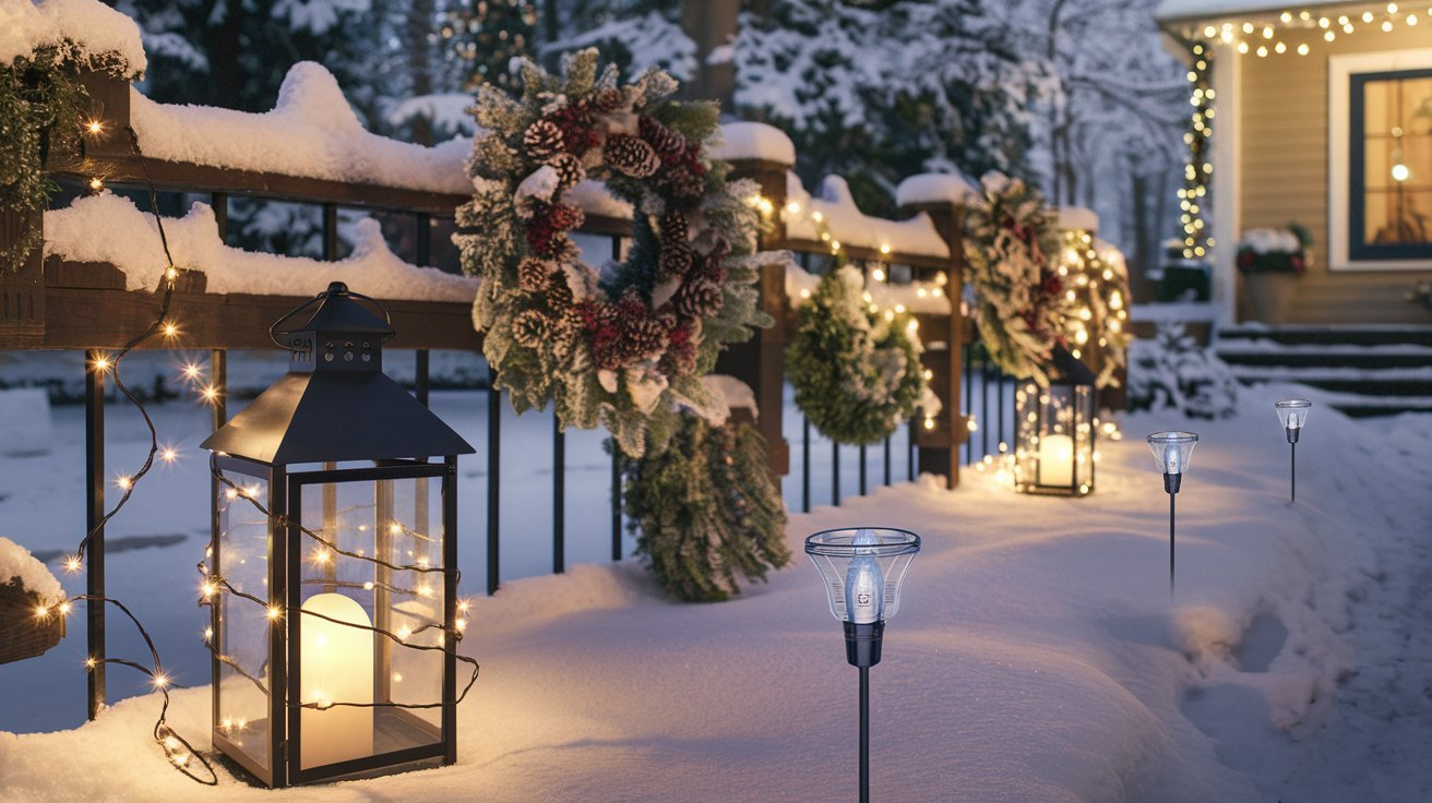 Elegant outdoor Christmas decorations featuring twinkling string lights, lanterns with warm candlelight, DIY wreaths adorned with natural elements, and soft glow solar garden stakes.