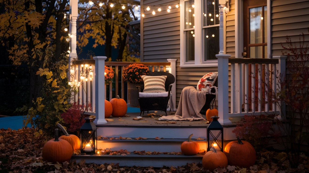 Cozy small front porch decorated with glowing string lights, surrounded by autumn leaves and pumpkins, featuring a comfortable seating area with warm blankets, a wooden railing, and lanterns casting a soft glow in the evening twilight.