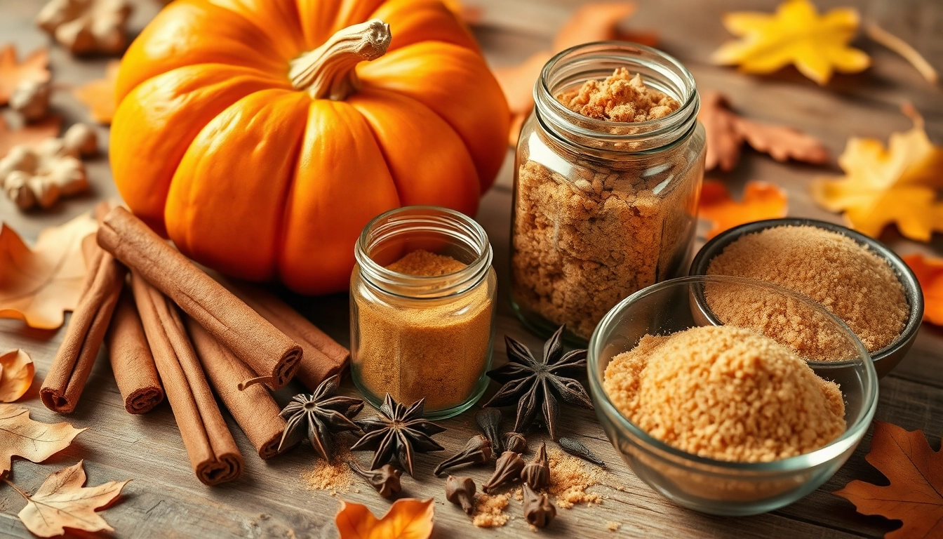 Beautifully arranged pumpkin spice ingredients on a rustic wooden table, including a bright orange pumpkin, cinnamon sticks, ground nutmeg, star anise, cloves, and a bowl of brown sugar, with scattered autumn leaves and soft natural lighting.