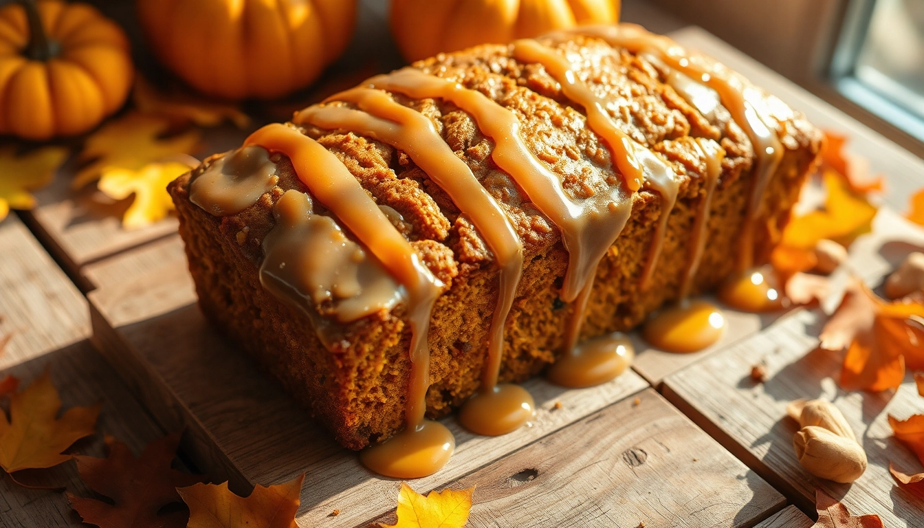 Freshly baked pumpkin bread drizzled with a glossy maple glaze on a rustic wooden table, surrounded by fall leaves and small pumpkins. Warm autumn sunlight casts soft shadows, highlighting the bread's golden-brown crust and moist texture