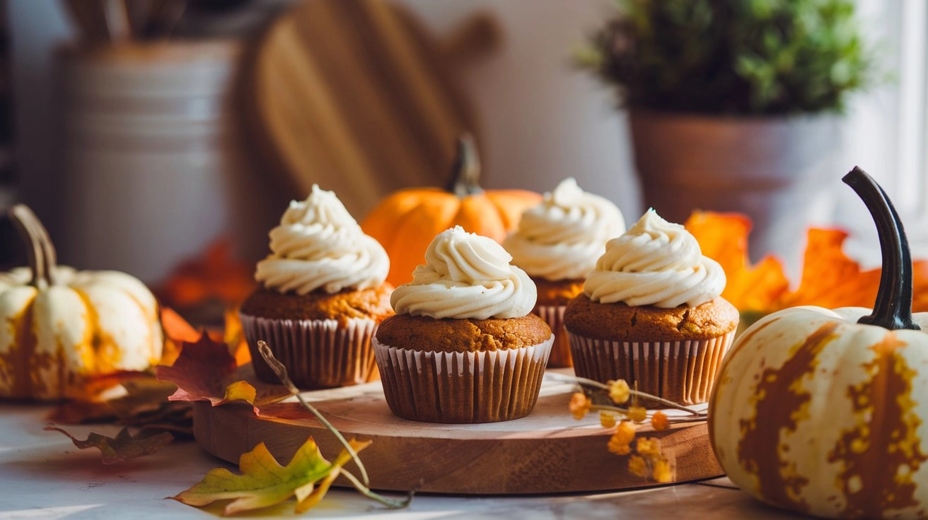 Pumpkin muffins with cream cheese frosting on a rustic wooden table, surrounded by autumn leaves and small pumpkins, softly lit to highlight their texture.