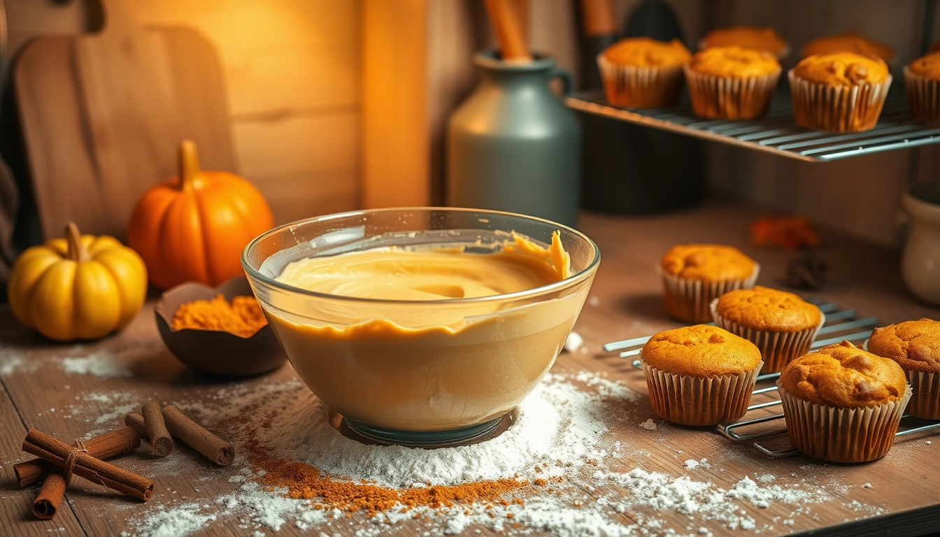 Cozy kitchen with a wooden table, flour, pumpkin puree, mixing bowls, spices, and fresh pumpkin muffins cooling on a wire rack, illuminated by soft golden light.